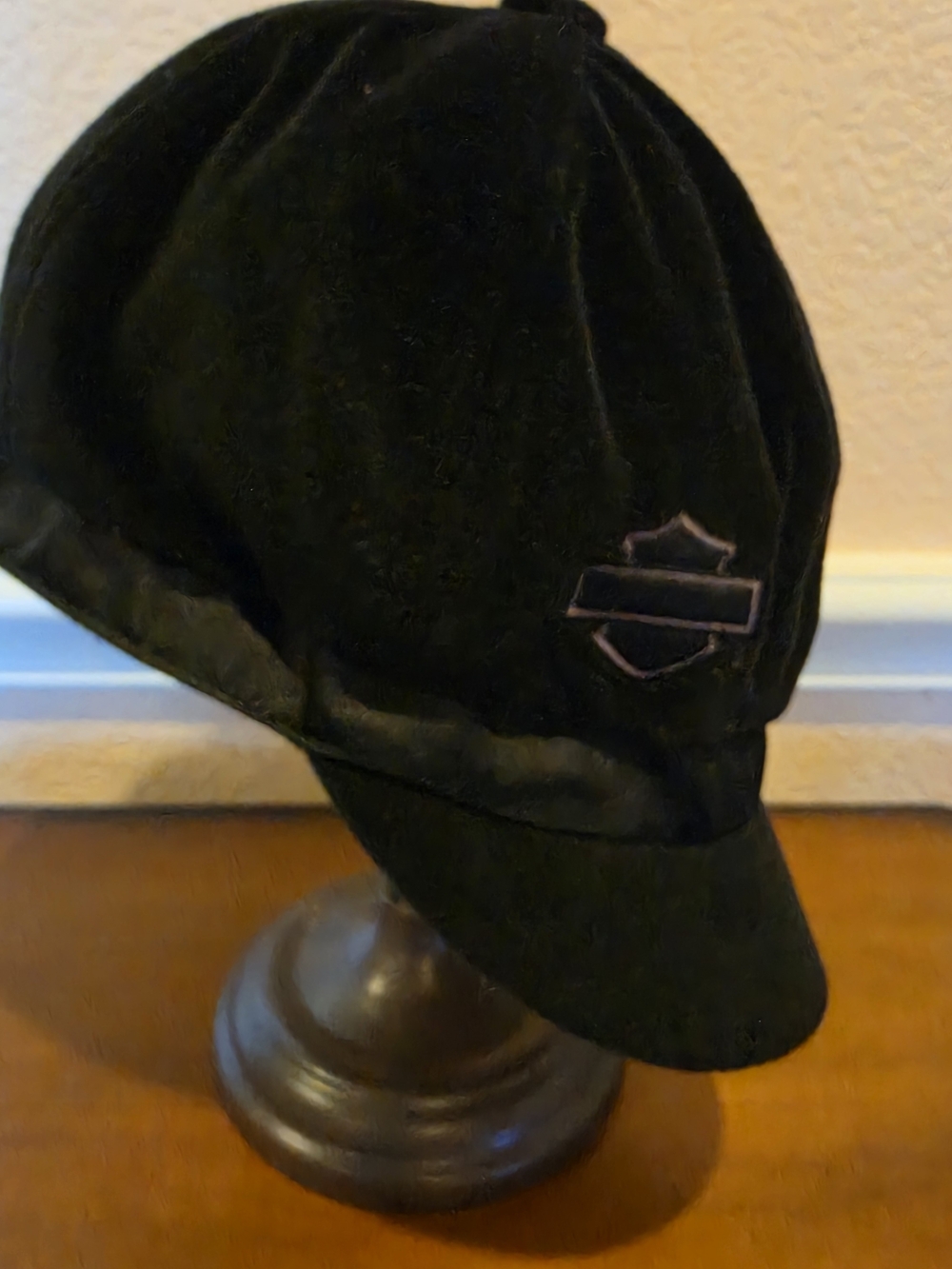 Harley-Davidson Black Velvet Newsboy Cap with Subtle Shield Patch